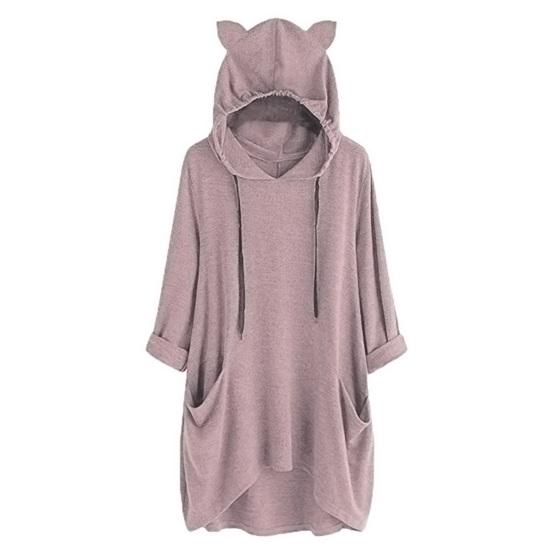 Women Long Pullover Hoodie Irregular Hem 3/4 Sleeve Sweatshirts Cat Ear Hooded Tunic Tops with Pockets
