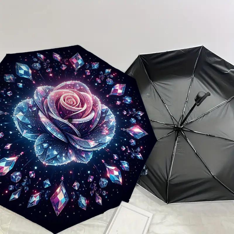 Crystal Rose Automatic Folding Umbrella: Portable 3-Fold Design with 8-Bone Iron Frame, Perfect for Outdoor Use, Festive Gifts, Travel, Dail
