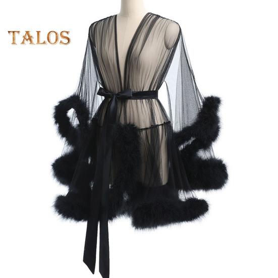 

Женская ночная рубашка с плюшевой отделкой, ультратонкая прозрачная сетчатая оборка с регулируемым поясом, однотонная плиссированная пижама для вечеринок, одежда для сна S чёрный