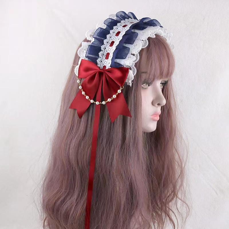 Ruffled Lace Headpiece Headband Weet Lolita Bowknot Maid Headdress Women Girls Japanese Style Crisscross Ribbon Pearls Beaded
