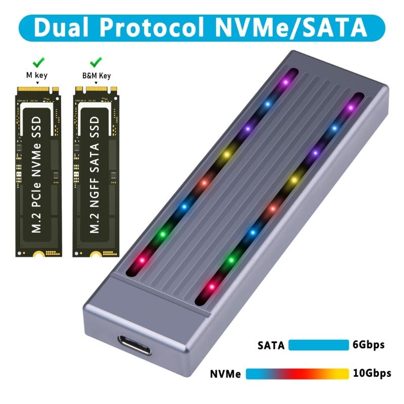 Double Protocol M.2 NVMe SSD Enclosure with Lighting Aluminum Case Easy to Use for 2230 2242 2260 2280 SSD Box
