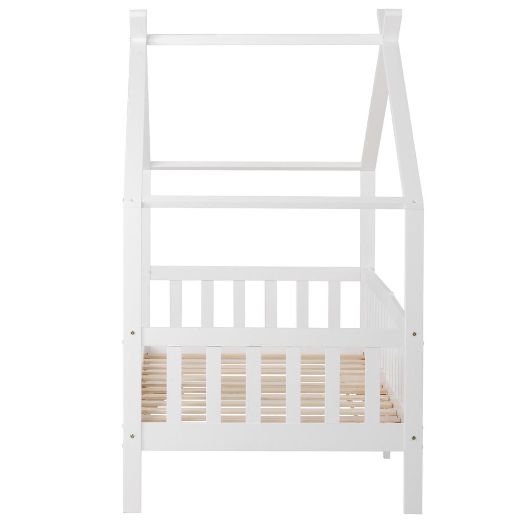 Beautiful house bed, children's bed solid wood with fence and slatted frame, children's and youth room with fall protection, white (200x90 cm)