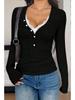 V-Neck Lace Long-Sleeve Knit Sweater - Slim Fit Base Layer for Autumn