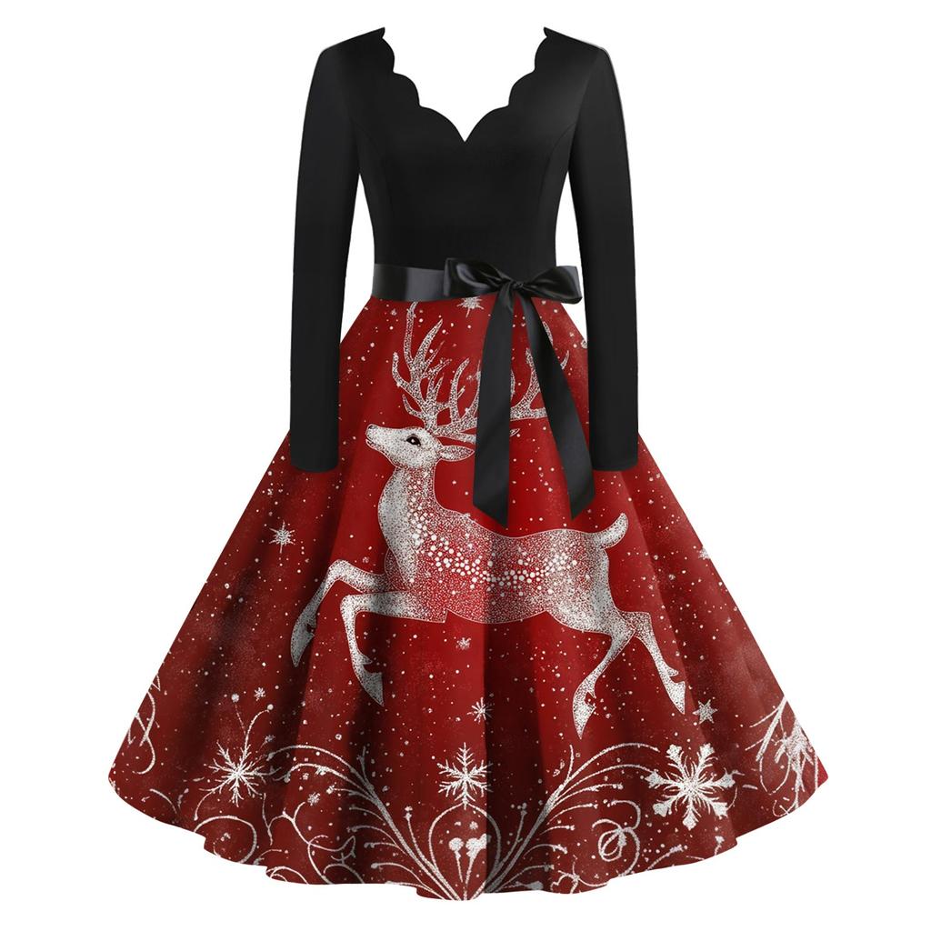 Women's Casual Fashion Christmas Printed V-Neck Vintage Dress