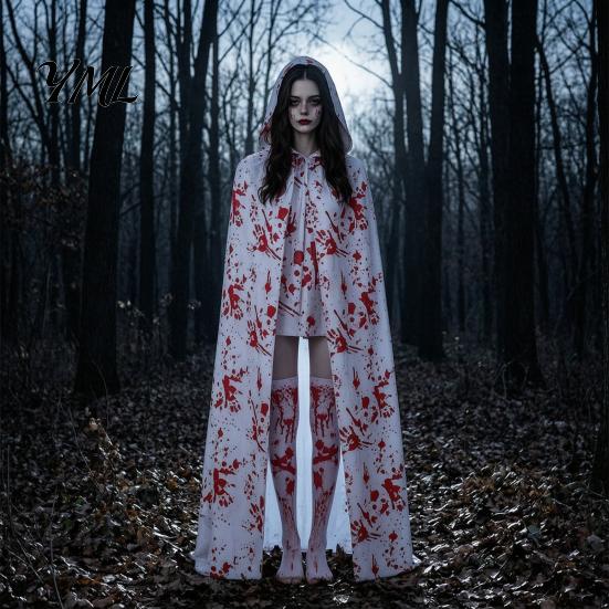 Scary Halloween Costume for Women Blood Print Women, Apron, Hooded Detailed Palm Outfit Cloak, Stockings Outfits Cosplay Parties, Haunted House Events