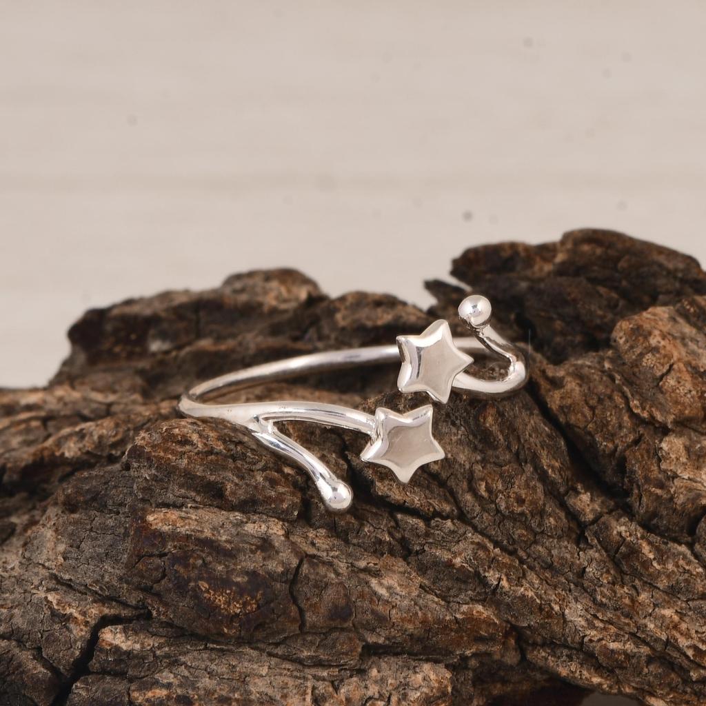 Double Star Adjustable Ring in 925 Sterling Silver | Minimal Celestial Open Ring | Star Symbol Silver Jewelry | Gift for Her