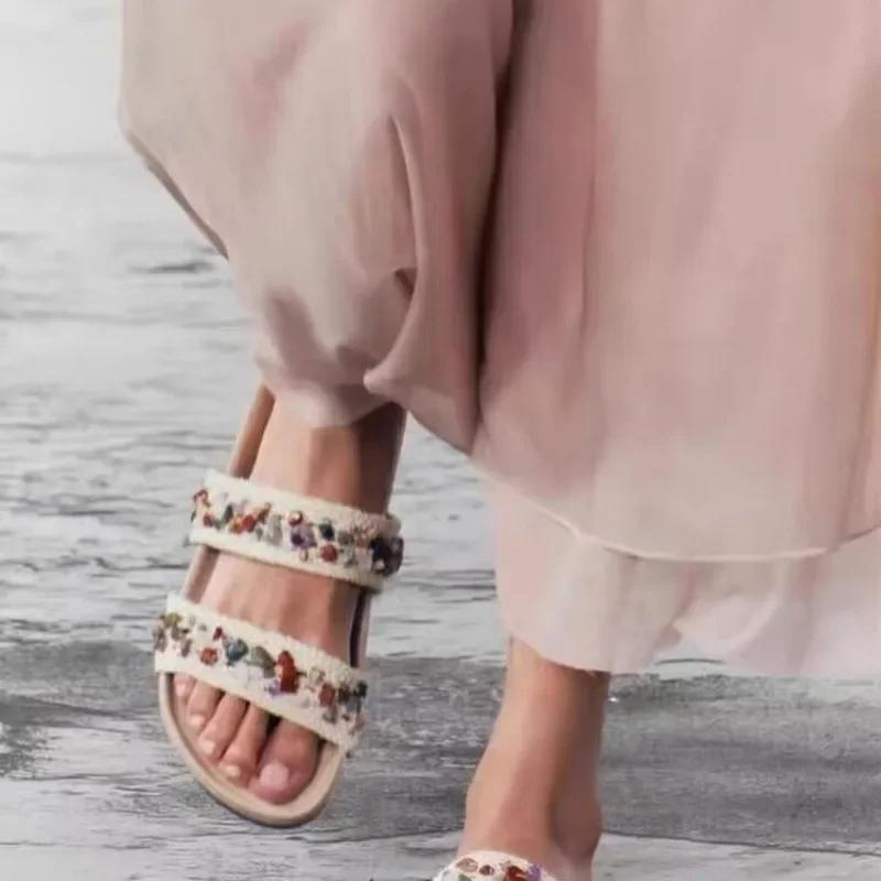 Ladies Shoes 2025 Summer Plus Size Open Toe Luxury Slippers Women Outdoor Casual String Bead Round Toe Women's Flat with Sandals