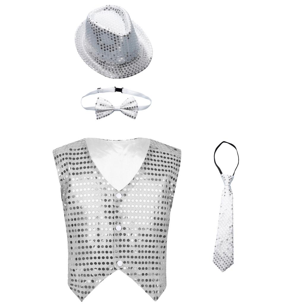 Unisex Kids Shiny Sequin Vest Waistcoat Performance Set Hat Bowtie Necktie Jazz Dance Stage Costume