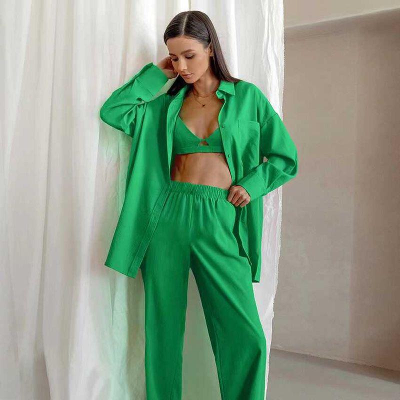 

European and American Solid Loose Top Underwear and Trousers Three-Piece Home Wear Fashion Three Piece Set Green L