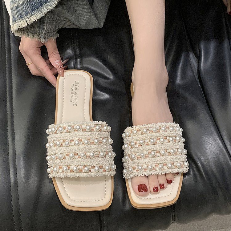 Large size women's shoes fairy style slippers women's summer outer wear 2025 summer new models with skirts flat bottom square head seaside cool slipp