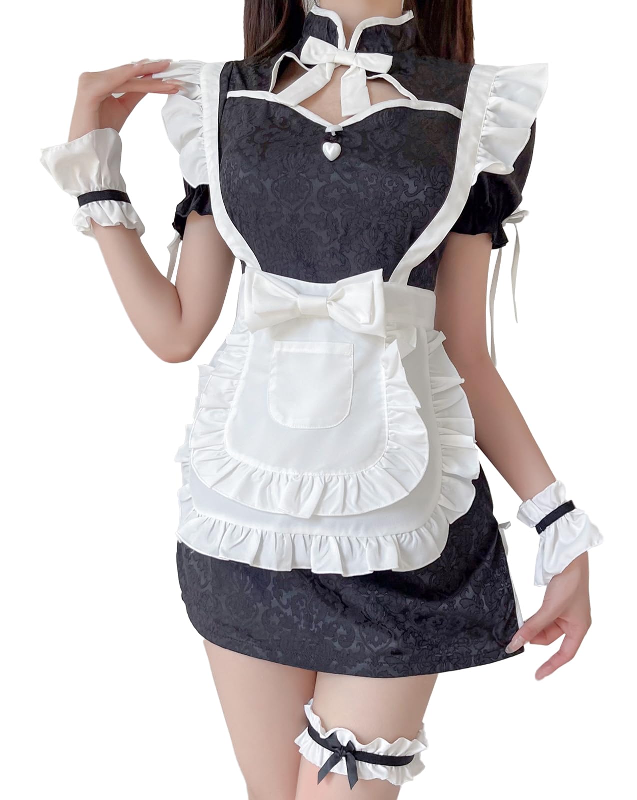 QOOLY Costume de Maid Lolita Cosplay Taille Chinoise S Ensemble, Robe, Tablier, Noir, noir