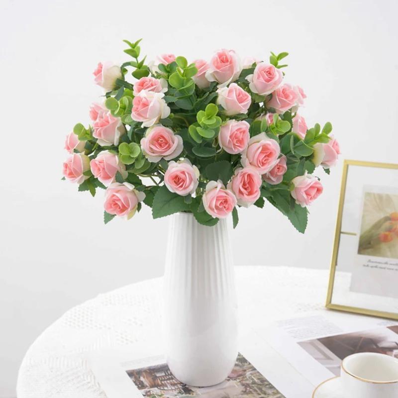 Artificial Eucalyptus Leaves & Silk Roses Bouquet, Fake Flowers for Vase, Home Outdoor Garden Festival Wedding Party Table Decor