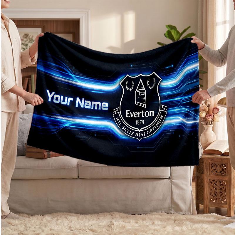 Everton FC Personalized Fleece Blanket With Football Logo, Custom Name Text Soft Warm Home Throw Blanket