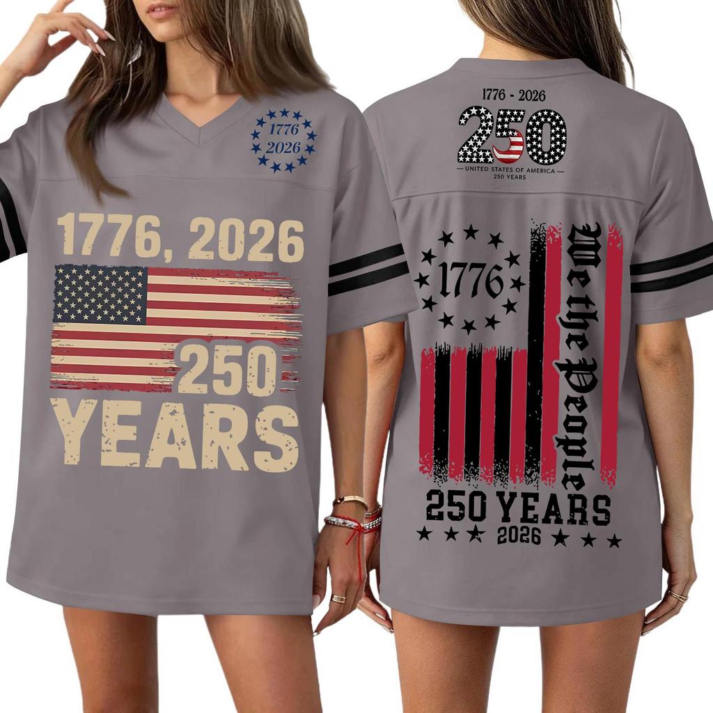 Women's Casual V Neck Jersey Shirt Short Sleeve Athletic Top 250th Anniversary Independence Day Printed T Shirt Loose Fit
