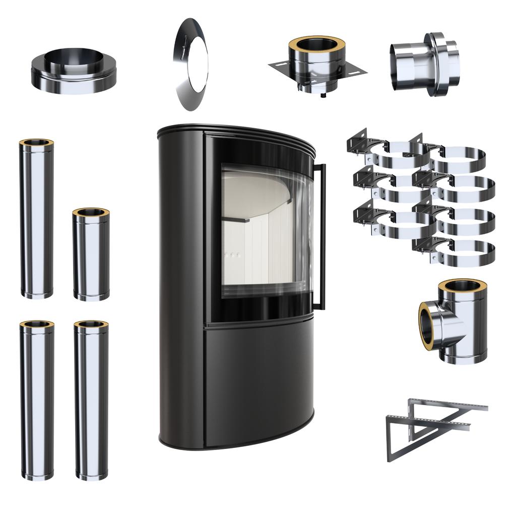 Freestanding Fireplace Stove KRATKI BJORN 8kW Ø150 External Chimney Set