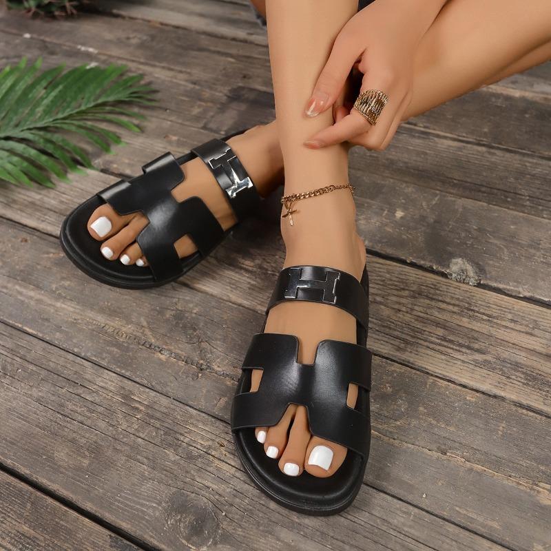 New Large Size Word with Slippers Women's Simple Summer Versatile Outer Wear Non-slip Velcro Soft Bottom Cool
