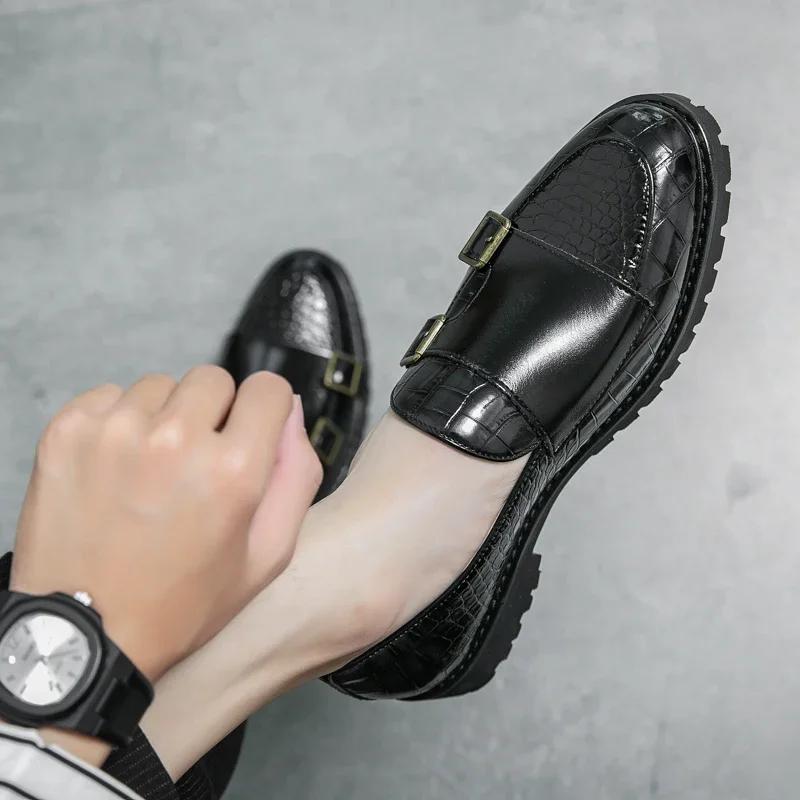 Fashion Men Monk Shoes Side Buckle Loafers Slip-On Leather Shoes Thick Sole Non-slip Men Specific Prom Dress Social Shoes 2024