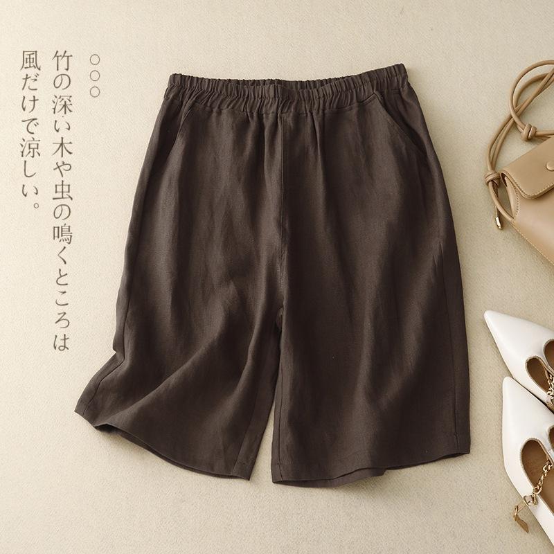 Solid color cotton and linen five-point wide-leg pants women's 2025 summer new literary and retro elastic waist temperament casual shorts