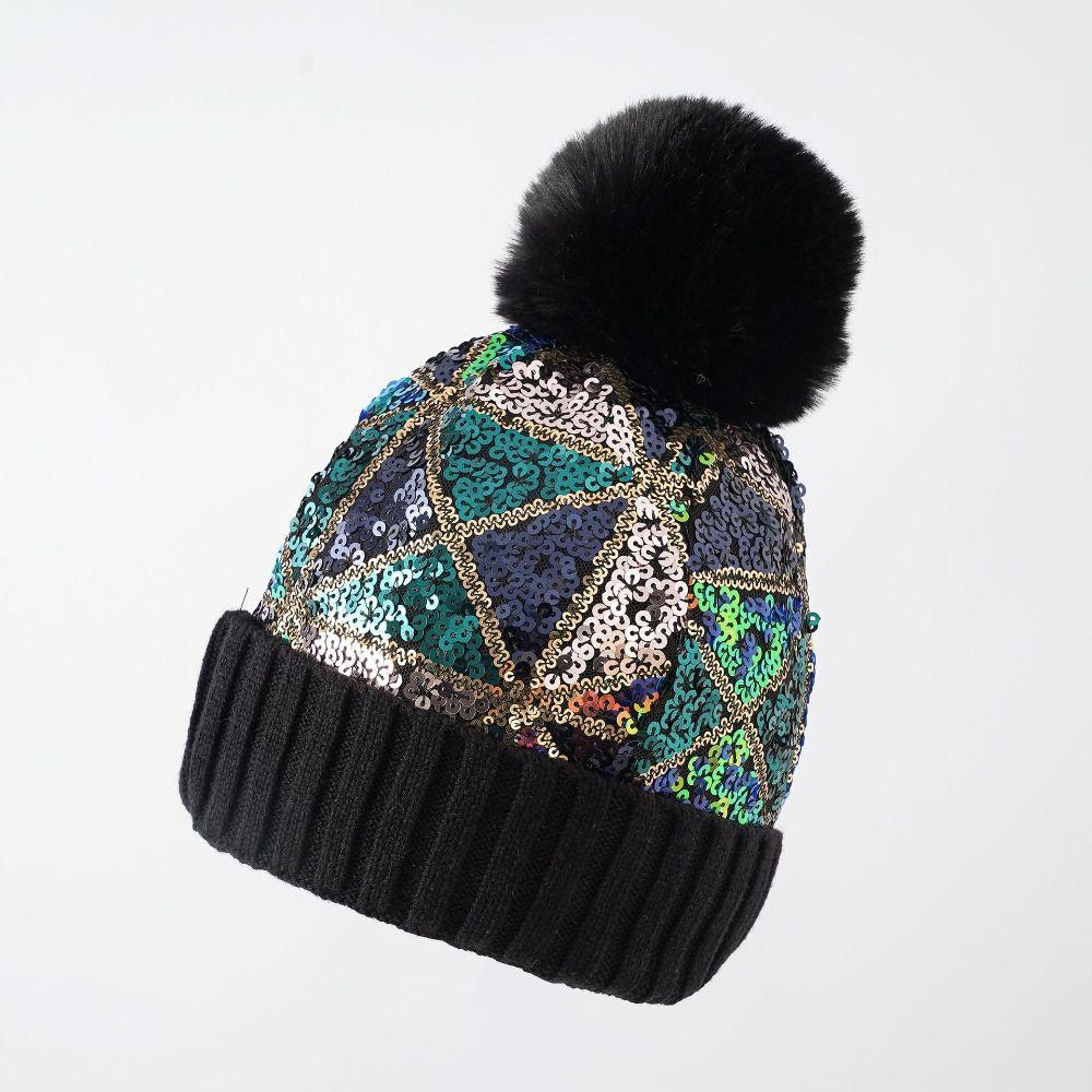 Sequin Pullover Yarn Hat Removable Plush Ball Knitting Cap Women Warm Beanies Hats Autumn Winter black
