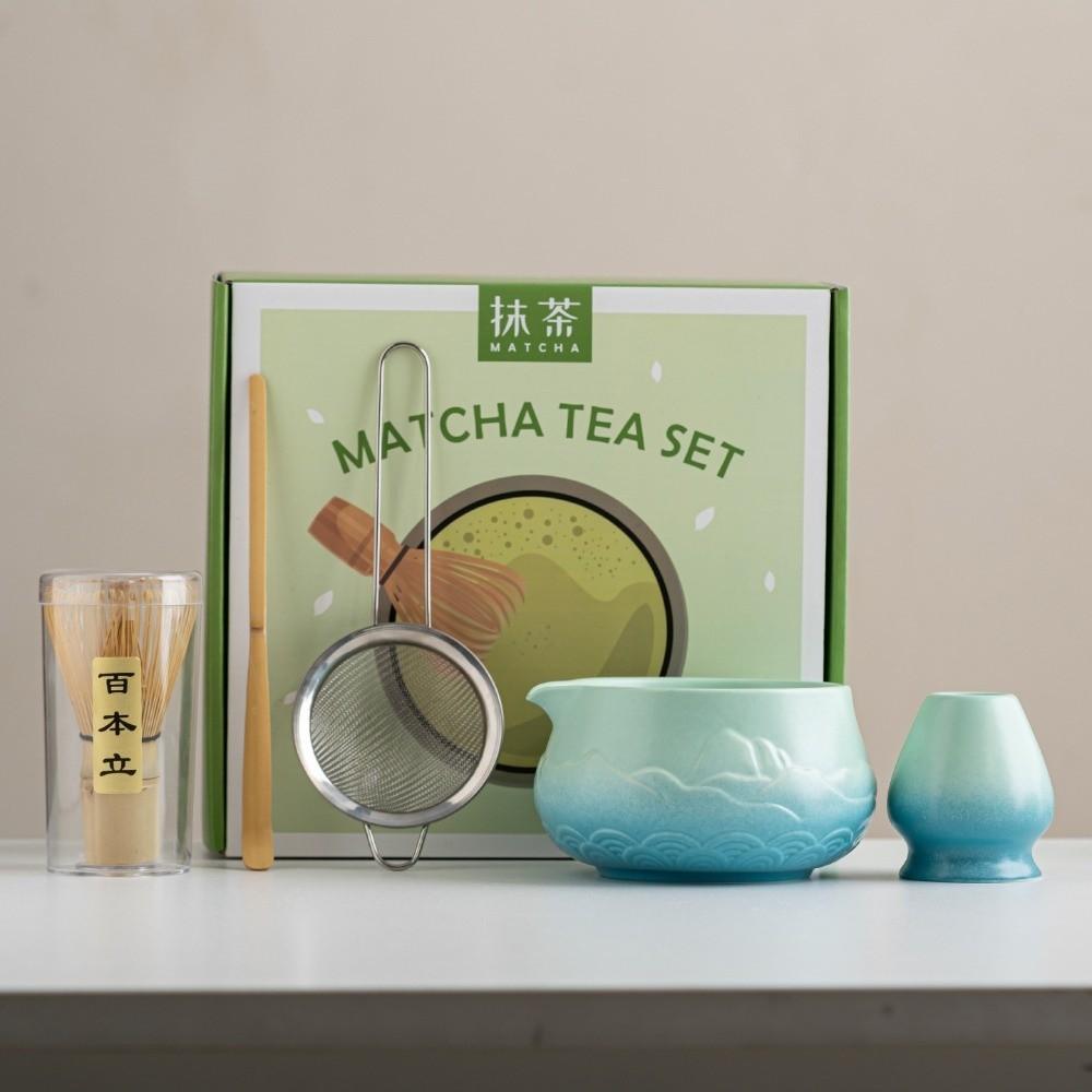 Ceramic Matcha Bowl Gradient Color with Pouring Spout Matcha Making Kit Reusable Mountain and Sea Japanese Tea Set Tea Lovers
