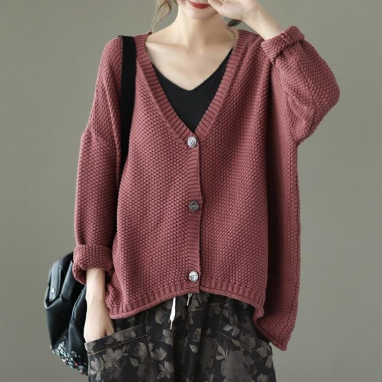 Johnature Vintage Cotton Knit Cardigan Women Solid Color Casual Sweater Long Sleeve Button V Neck Clothes