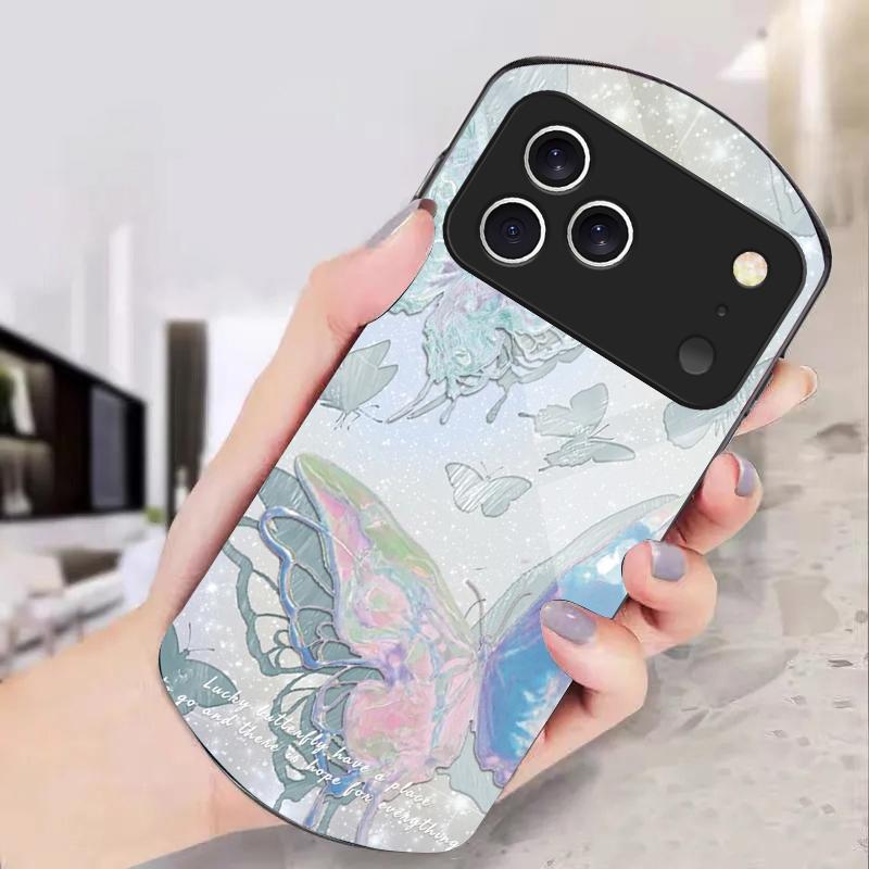 Lucky Butterfly Painting For iPhone 17 Air 16 15 14 Pro 13 Plus 12 Mini 11 Pro Max XR X 7 8 Elliptical Tempered Glass Phone Case