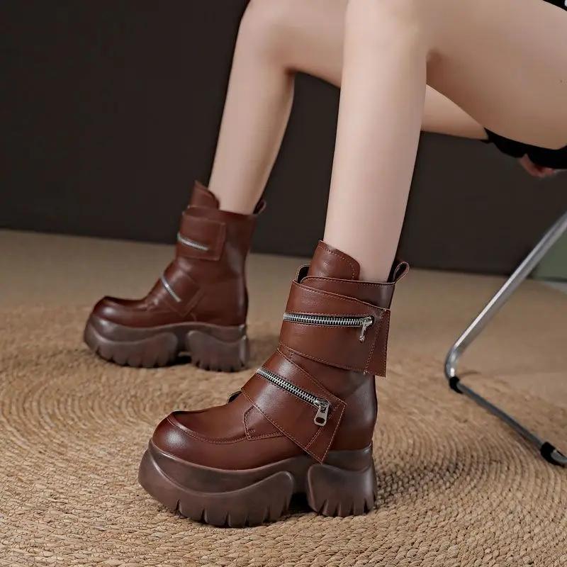 Fashion 10cm New Microfiber Genuine Leather Platform Motorcycle Ankle Knee High Booties Shoes Sneakers Chunky Platform Women Women