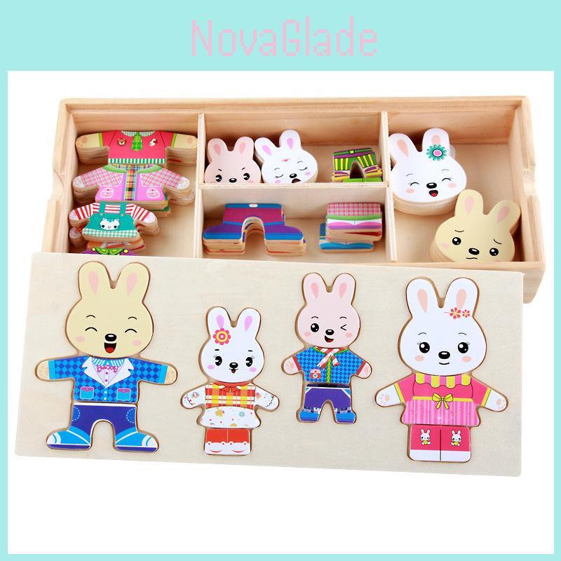 Wooden Childrens Toy With Little Rabbits Dress Up Puzzle For Learning And Play