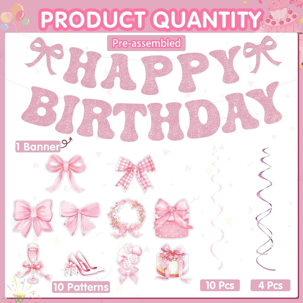 25 Pcs Pink Bow Birthday Party Decorations Glitter Happy Birthday Banner Garland Pink Hanging Swirls Bow Themed Party Decor Streamers for Girls Women