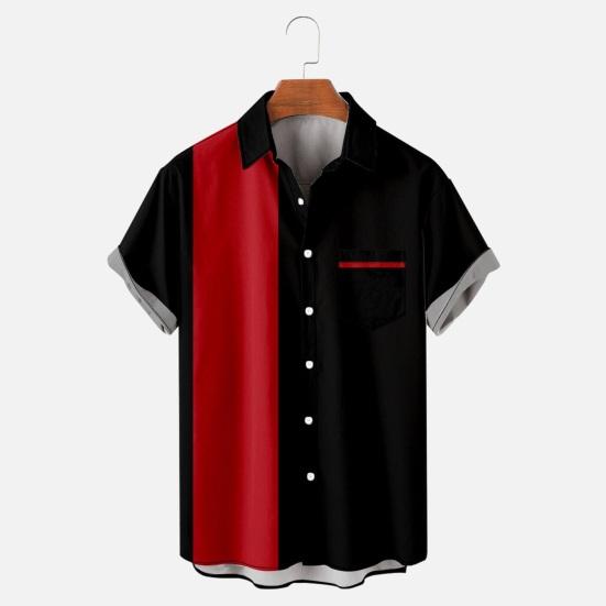 Men Casual Shirt Lapel Short Sleeve Single Breasted Shirt Loose Fit Hawaiian Style Button-Up Bowling Shirt