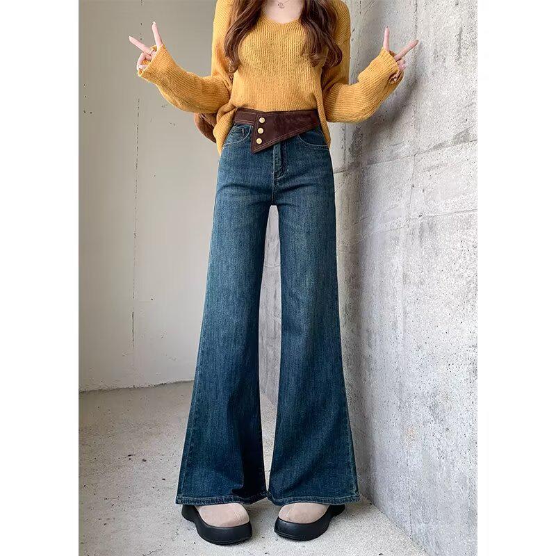 

Женские джинсы микроклеш с высокой посадкой больших размеров - Стройнящие прямые брючины для фигуры типа груша (Осень/Зима 2025) XL синий