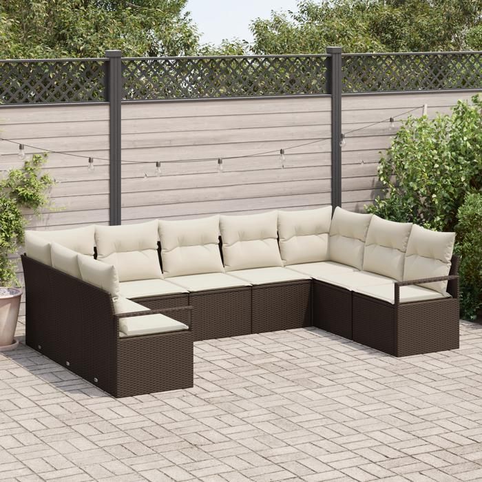 Ensemble de canapé de jardin 9 pièces vidaXL avec coussins en rotin poly brun, Canapé de jardin 2 places vidaXL346538
