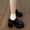 Fashion 2025 Woman Loafers Shoes Casual Chunky High Heels Pumps All-Match Roman Style Lace-Up Round Toe Autumn Black Mary Janes Shoes