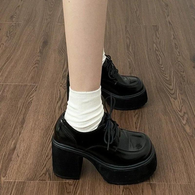 Fashion 2025 Woman Loafers Shoes Casual Chunky High Heels Pumps All-Match Roman Style Lace-Up Round Toe Autumn Black Mary Janes Shoes