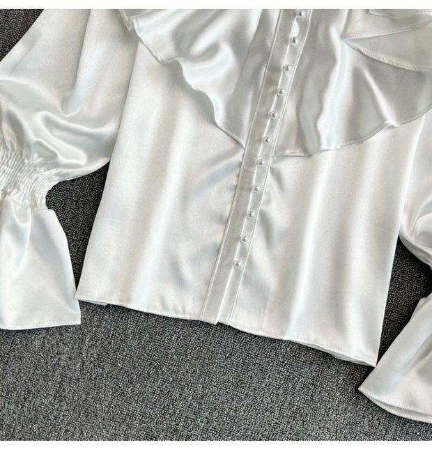 Vintage Solid Blouses Women Elegant Acetate Satin Stand Collar Flare Sleeve Design New Chic Sweet Loose Ruffles Female  Tops