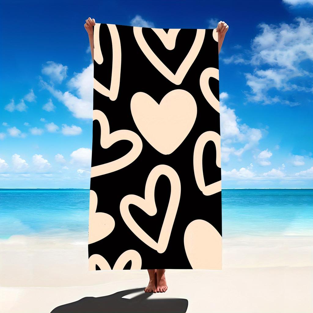 1pc Heart Pattern Beach Towel Ultra-Soft Microfiber Quick-Dry Bath Mat for Beach,Black with White Heart Design,Beach Accessories