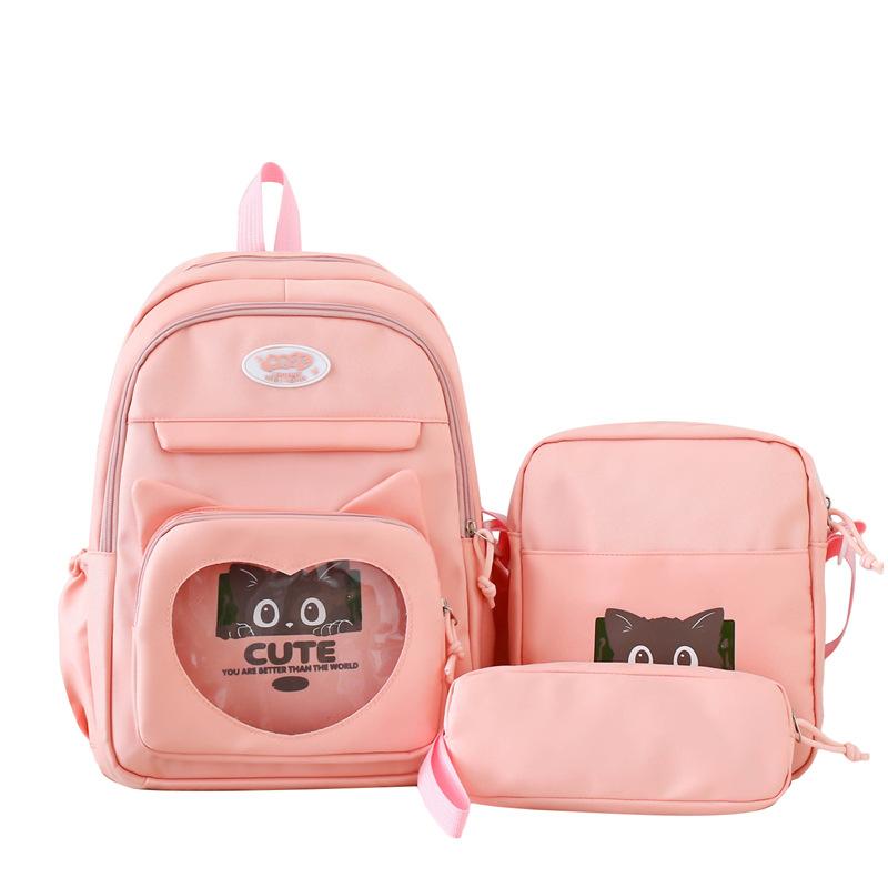 New Student Backpack for Primary and Secondary School Students Three Piece Set Large Capacity Cute Cat Class Backpack