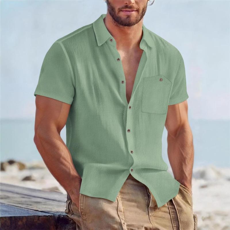 Men Short Sleeve Linen Blend Shirt With Chest Pocket Casual Summer Top