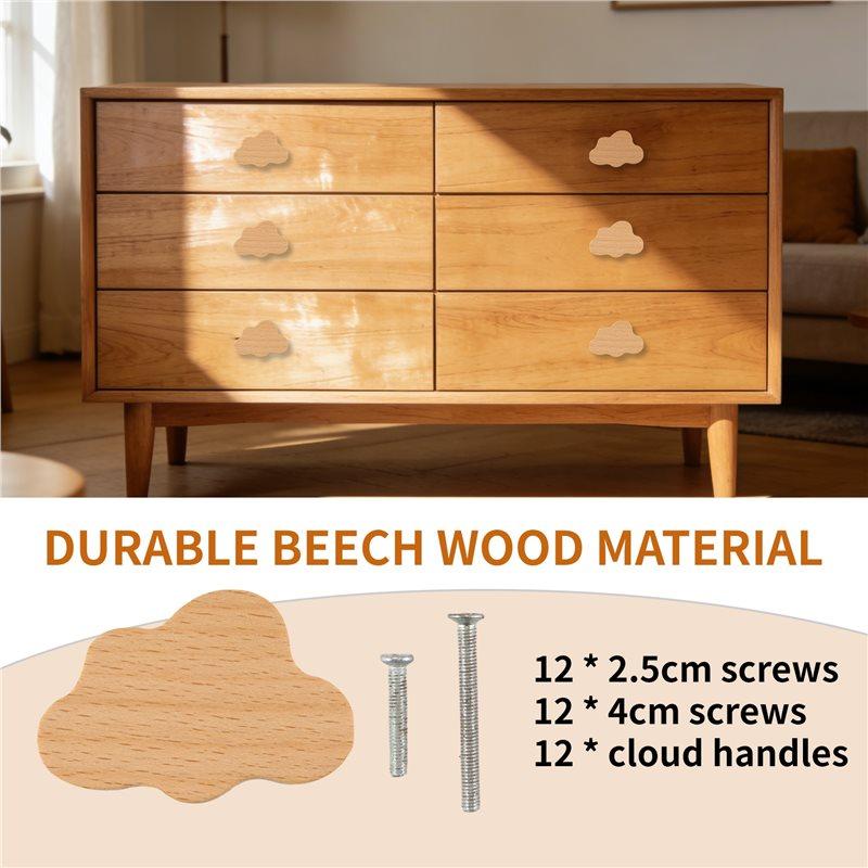 ABUL-12 Piece Durable Beech Wood Drawer Knobs Cloud-Shaped Wooden Dresser Pulls Boho Dresser Knobs Wood Color For Cabinets, Furn