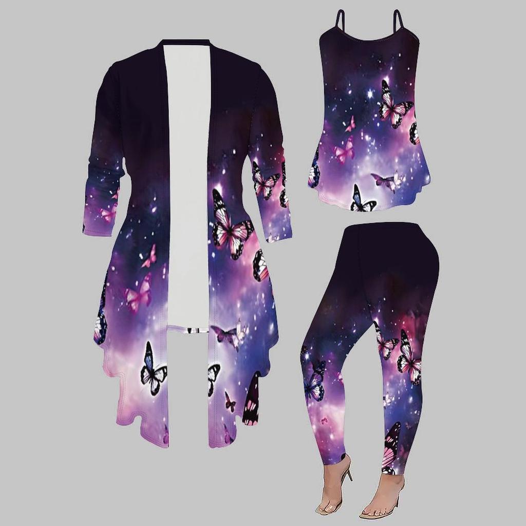 Plus Size Sommerfuglprint 3-delt Antrekk, Langermet Åpen Cardigan, Topp og Leggings Sett for Kvinner