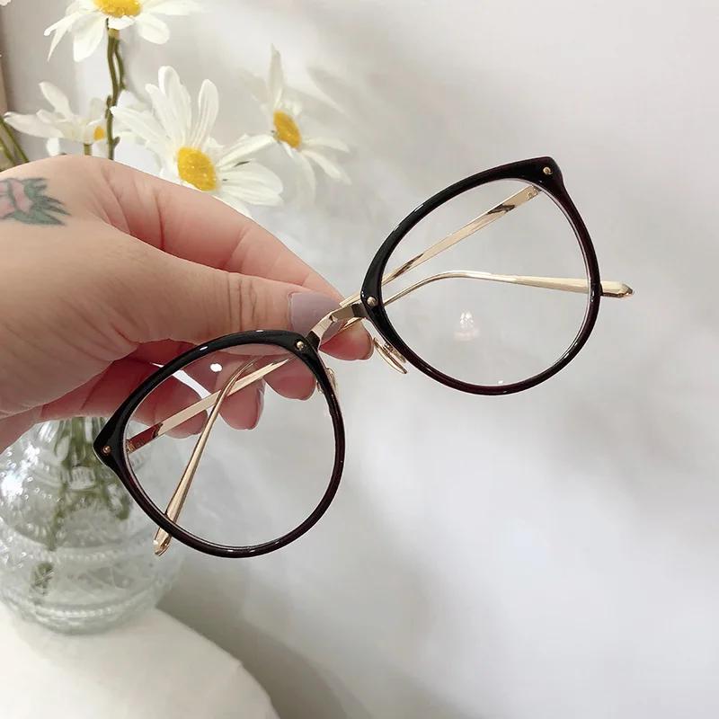 Optical Plano Glasses Frame for Women Men Round Oversized Cat Eye Eyeglasses Retro Frames Metal Spectacles Clear Lenses Eyewear