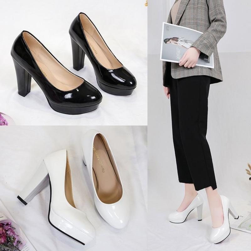 Four Seasons Work Shoes Women's High Heel 10cm Black Women's Leather Shoes Professional Coarse Heel Women Shoes Plus Size42