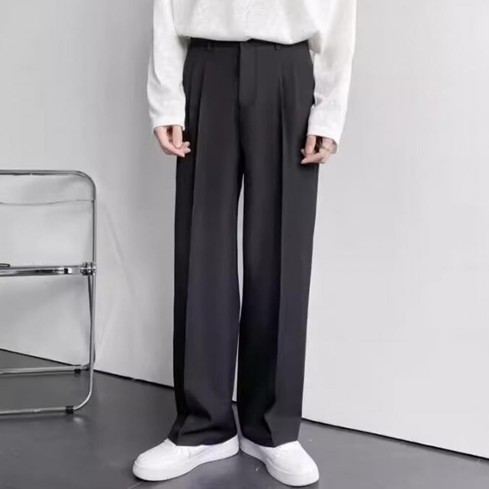 Men Suit Pants Wide Leg Comfortable Fit Straight-Leg Formal Business Style Side Pockets Button Zipper Closure Single Color Work Office Trou