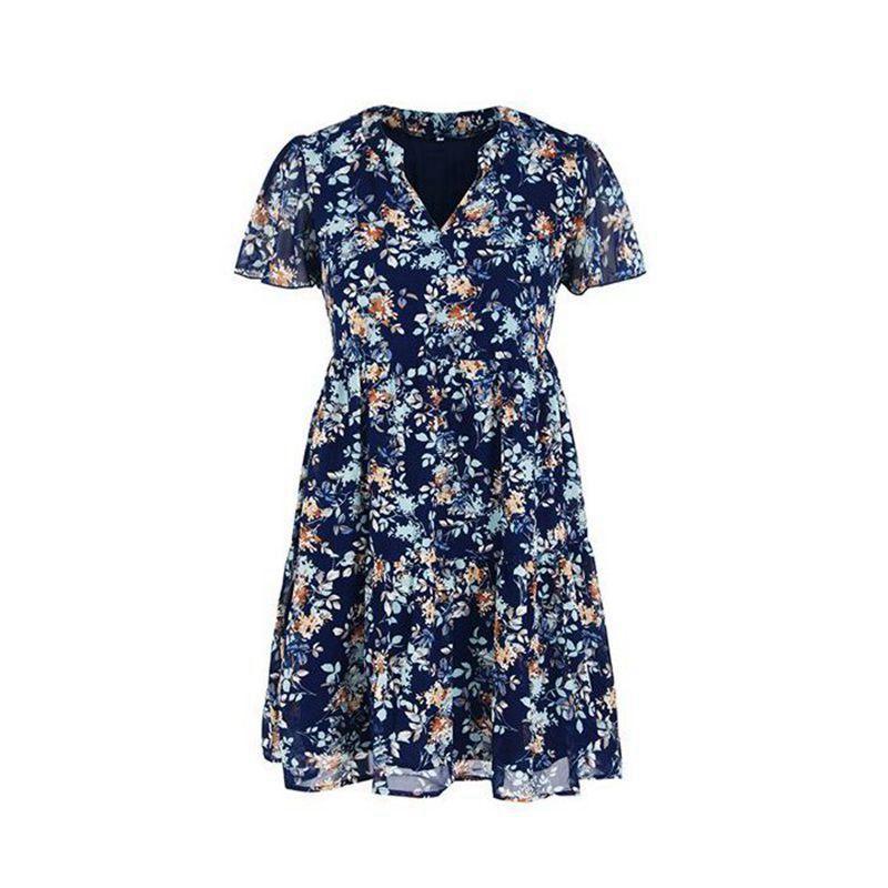 Women Chic Floral Print Loose Dress V Neck Short Sleeve Spring Autumn Fashion S-XL