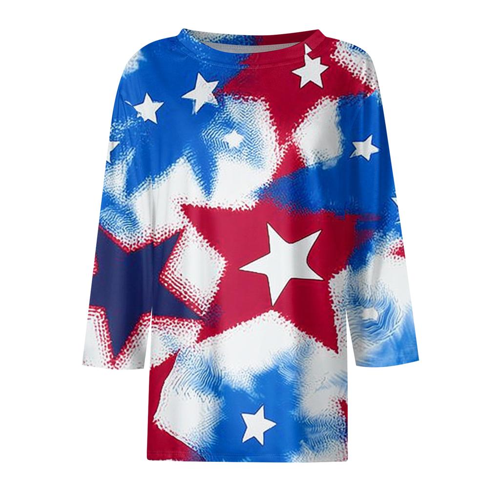 Women's Fashion Casual Seven-Sleeve Independence Day Print Round Neck Top