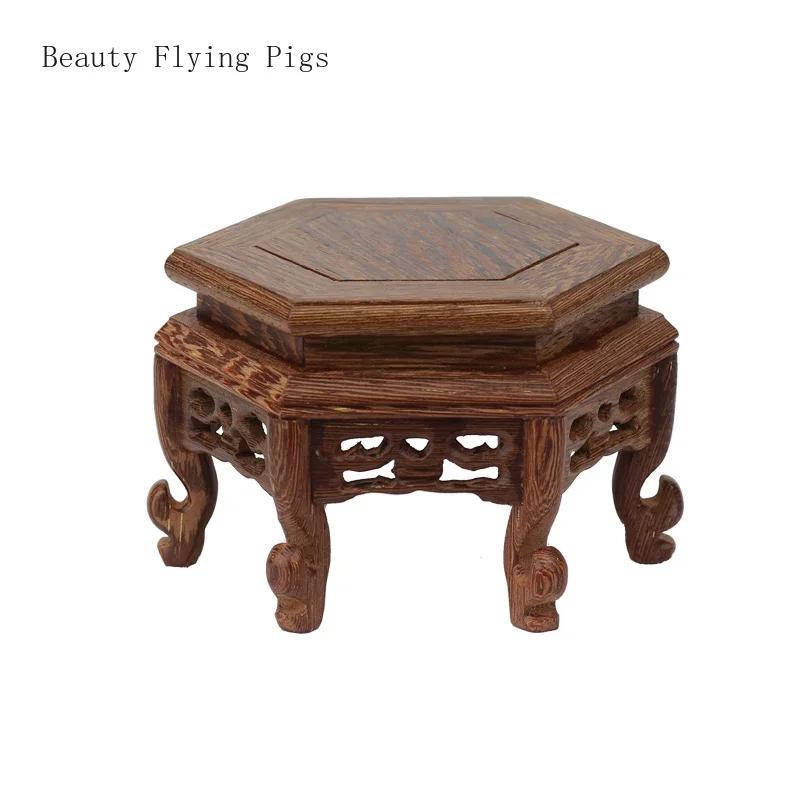 Chicken wing wooden hexagonal platform base Purple clay teapot holder Vase base Living room desktop balcony home decoration