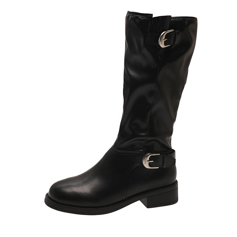 

Современные ботинки на квадратном каблуке до середины икры, женские туфли без застежек и с круглым носком, распродажа, женские ботинки на среднем каблуке разных цветов с пряжкой на ремне 40