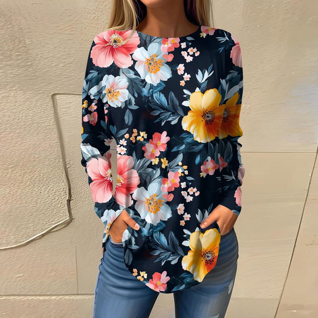 Women's  Loose Casual Flower Printed Round Neck Long Sleeved T Shirt Top Pullover Long Sleeved Sweatshirt