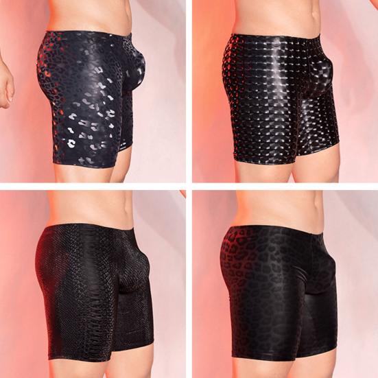 Herren Kunstleder Unterwäsche Mid-rise 3D U-konvexen Schlange Leopard Print Shorts Höschen Stretchy Skinny