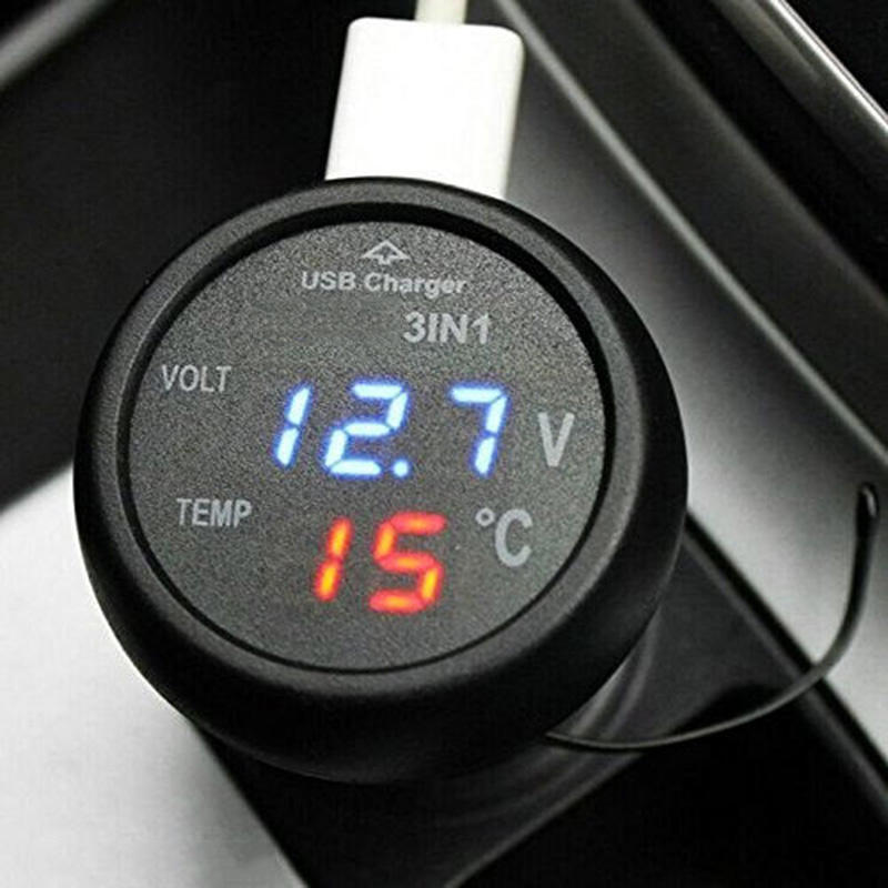 Car Digital Voltmeter Thermometer  USB Charger Car Cigarette Lighter Socket Digital Voltmeter Thermometer 3 In 1 Meter